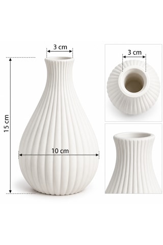Yivli Beyaz Dekoratif Vazo Modern Kuru Çiçeklik, Salon Ve Ev Dekorasyonu 15 Cm