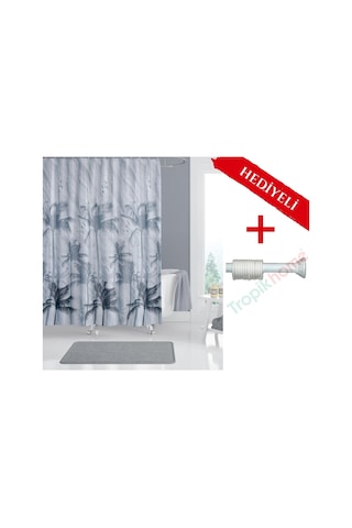 Palmiye Desenli Boru Hediyeli Banyo Perdesi Gri