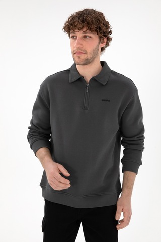 U.S. Polo Assn. Erkek Comfort Fit Yarım Fermuarlı Antrasit Basic Sweatshirt 50298265-VR006