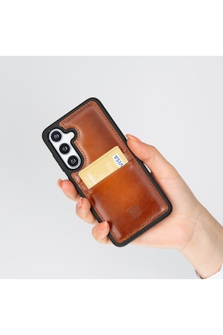 Bouletta Samsung Galaxy Uyumlu S25 Hakiki Deri El Yapımı Kart Yuvalı Kılıf Gölgeli Taba