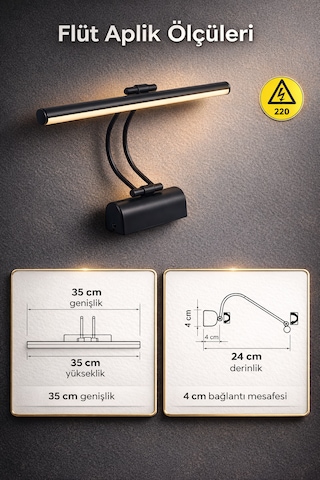 Merwish 35 Cm Flüt Led Aplik 3200k Sarı Işık Kablolu Duvar Apliği 220v Elektrik Bağlantılı Modern Tasarım Siyah