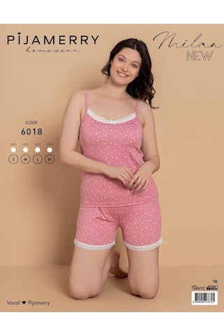 Pijamerry Kadın İp Askılı Milan Kumaş Likralı Şortlu Pijama Takımı 6018 - 1 Adet Pembe