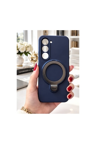 Tecno Spark 40 Pro İle Uyumlu 360 Derece Dönebilen Kalın Metal Magsafe Halka Stantlı İçi Kadife Korumalı Ultra Lüx Premium Silikon Kılıf Lacivert