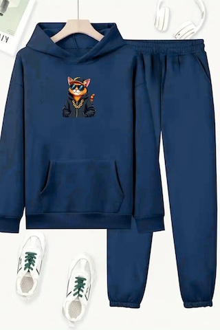 Unisex Lacivert Cool Cat Baskılı Eşofman Kapüşon- Kışlık Şardonlu Kumaş Lacivert