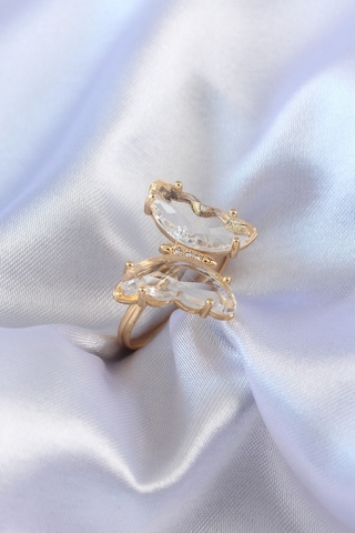 Gold Renk Zirkon Taşlı Kelebek Model Pirinç Kadın Yüzük Çok Renkli