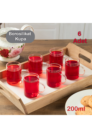 Porsima 6080 6'lı Borosilikat Cam Kulplu Çay Bardağı Kupa 200 Ml
