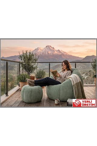 Herev Puf/ Tekli Puf Berjer / Baba Koltuğu / Papatya Modelli Kadife Kumaşlı Puf Takımı Açık Yeşil