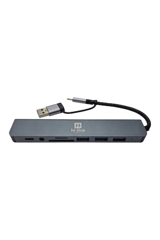 8-in-2 Hub Usb 3.0 & Type-c Hibrit Girişli Sd Kart Okuyucu Ses Çıkışlı Adaptör Tüm Cihazlarla Uyumlu