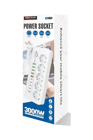 3000w Yeni Tasarım Akım Korumalı 5 Usb'li Ve 5 Type-c Li 5'lı Grup Priz 2 M Uzatma Kablosu Beyaz 2 M