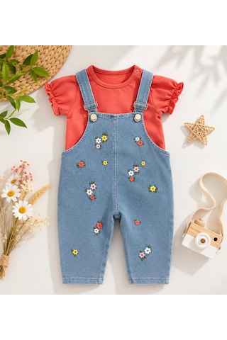 Durukoza Kız Bebek Çiçek Nakışlı Bahçıvan Salopet Takım %100 Pamuk 2'li Takım 6-24 Ay Kiremit
