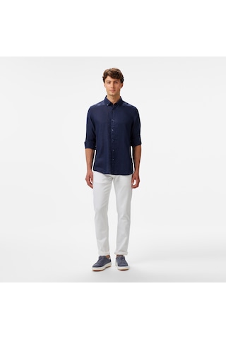 Nautica Erkek Lacivert Classic Fit Keten Gömlek Düz W55101t Lacivert