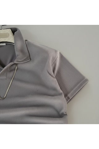 Fifty Color Alaçatı Stili Erkek Fitilli Ottoman Hava Alan Kumaş Polo Yaka T-shirt 2li Renk Siyah - Gri