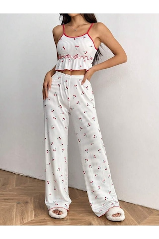 Gazaniga Kadın Beyaz Likralı Desenli Askılı Gecelik Pijama Takımı Chery