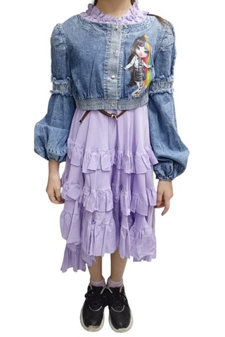 Kız Çocuk Yakası Fırfırlı Kot Ceket Lila Renk İkili Takım Elbise Lila