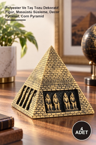 4 Adet Mısır Piramidi Polyester Ve Taş Tozu Dekoratif Figür, Masaüstü Süsleme, Decor Pyramid, Corn Pyramid