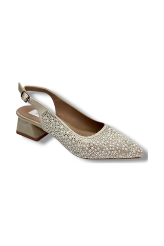 C-shoes 2605-26 Saten İncili Taşlı Kare Topuk Arkası Açık Kadın Ayakkabı Bej