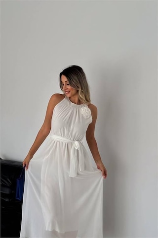 Kadın Astarlı Sıfır Kol Şifon Elbise Dpnbk2144 Beyaz