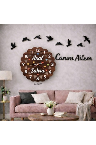 Duvar Saati 40 Cm 8adet Kuş Canım Ailem Temalı No96 Çok Renkli