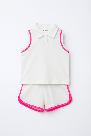 Kız Çocuk Polo Yaka Şerit Detaylı Şortlu Takım - Pembe 3-4 Yaş 8-9 Yaş Pembe