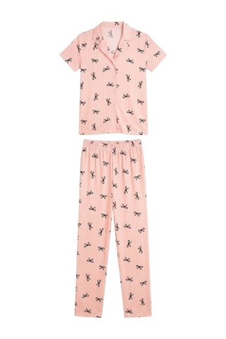 Cottonhill Pudra Çizgi Desenli Yumuşak Dokulu Gömlek Yaka Kadın Pijama Takımı