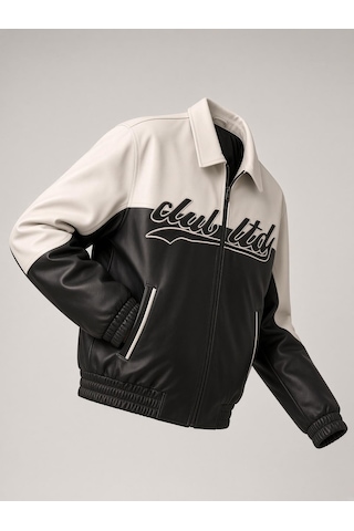 Oksit Club Ltd Nakış Detaylı Vintage Colorblock Gömlek Yaka Deri Bomber Ceket Siyah