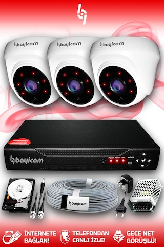 Bayicam 3 Kameralı Dome 3 İç Kamera Set 320 GB HDD Full HD Gece Görüşlü Güvenlik Kamerası Sistemi