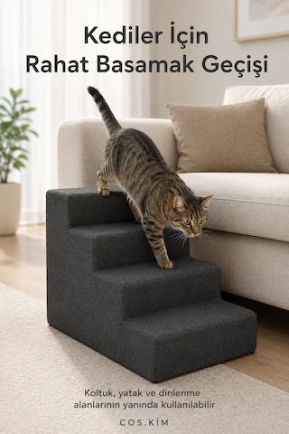 4 Basamaklı Kedi Köpek Merdiveni 54x40x40 Cm, Fermuarlı Yıkanabilir Kılıflı Sert Sünger
