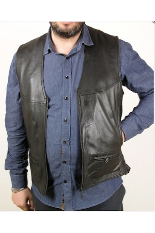 Hakiki Deri Siyah Calvin Fermuarlı Erkek Deri Yelek Siyah