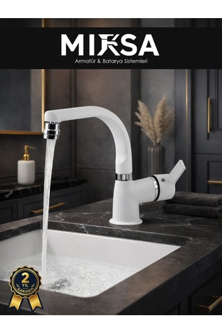 Beyaz-krom Armut Balıksrıtı Borulu Oynar Başlıklı Perlatörlü Banyo Lavabo Bataryası, Çiftsugirişli