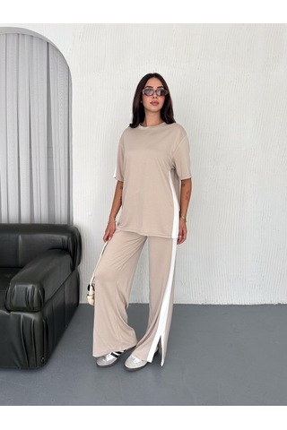 Elaxi Modal Şeritli Yırtmaç Detaylı Pantolon Tişort Takım Bej