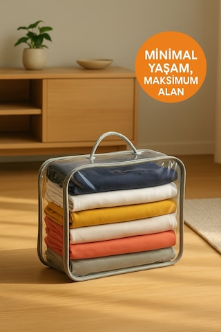 Şeffaf Kapaklı Hurç 28x32x15 Cm Orta Boy Dolap İçi Kıyafet Ve Havlu Düzenleyici Gri