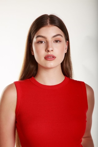 Kadın Kırmızı Fitilli Likralı Sıfır Kol Bisiklet Yaka Örme Atlet Tshirt Bluz Kırmızı