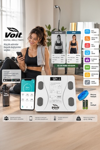 Voit Blt5000 Bluetooth Baskül - Dijital Akıllı Tartı - Yağ Ölçer Tartı - Pil Ve Mezura Hediyeli Tartı - Beyaz