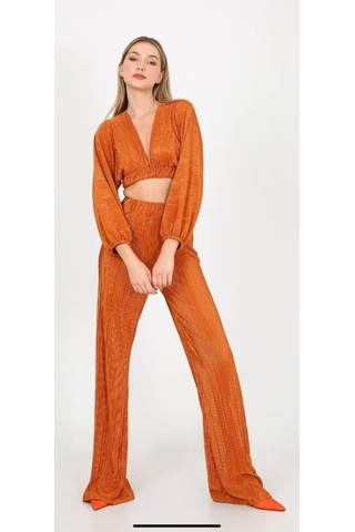 Fashion Cocktail Zarif V-yaka Fitilli Akordiyon Kumaş Crop Pantolon Takım Taba Taba