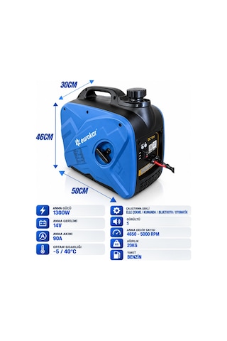 Eurokar 12v Dc Benzinli Portatif Jeneratör - 1300w 90a Akü Şarj Cihazı Karavan, Tekne