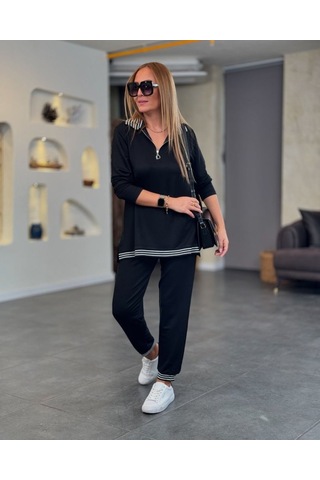Modaserdem Kadın Uzun Kollu Ribana Ve Fermuar Detay Bluz Ve Yüksel Bel Pantolon 2li Takım Siyah