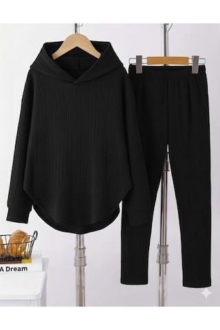 S-pazarım Kadın Uzun Kollu Kapşonlu Meloni Bluz Ve Pantolon Ikili Takım Siyah