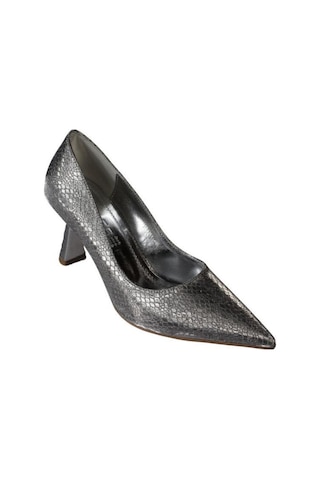 Yazkış Kadın Platin Gümüş Parlak Petek Kumaş 7cm Kadeh Topuk Sivri Burun Stiletto Ayakkabı Platin