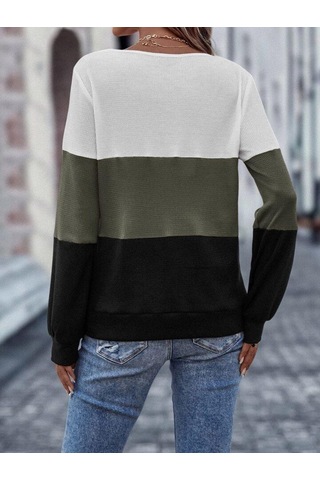 Kadın Uzun Kollu V Yakalı Düğmeli Çok Renkli Waffle Bluz Beyaz