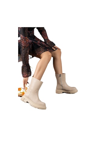 Beyaz Kalın Taban Diz Altı Fermuarlı Rahat Kadın Çizme TEN Ten Rengi