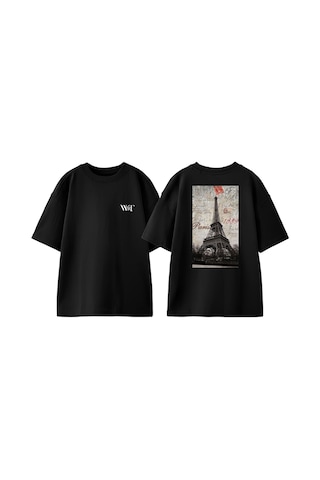 Thewert Paris 1889 Eyfel Kulesi Tasarım Sırt Baskılı Pamuk Siyah Oversize T-shirt