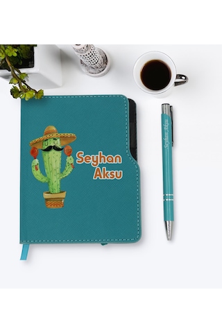 Kişiye Özel Kaktüs Tasarımlı Turkuaz Termo Deri Defter Kalem Seti N11.2140