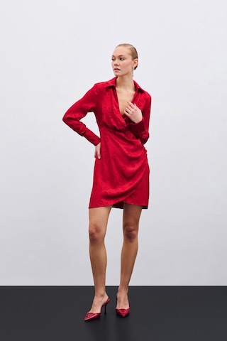 Sateen Desenli Kruvaze Elbise - Kırmızı-135583 Kırmızı