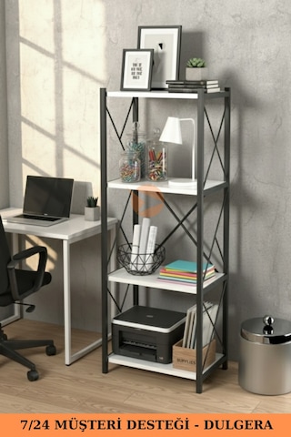 Fourty 4 Raflı Metal Dar Tekli Kitaplık Dekoratif Ofis Salon Rafı 124 Cm Beyaz