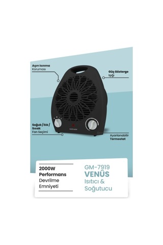 Goldmaster Venüs GM7919S 2000W Isıya Dayanıklı Sıcak Ilık Soğuk Devrilme Emniyetli Isıtıcı Fan Siyah