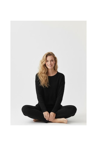 Fit Women Pamuklu Uzun Kollu Düz Model Pijama Takımı 4453 Siyah