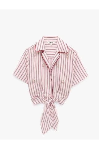 Koton Koton X Melis Ağazat - Kısa Kollu Önden Bağlamalı Taş İşlemeli Çizgili Crop Gömlek Pınk Strıpe 6sak60388pw Pembe Çizgili