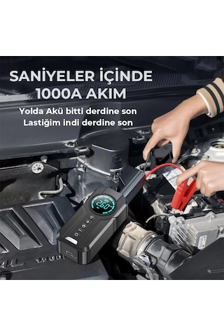 Taşınabilir Şarjlı Jump Starter - Akü Takviyesi + Lastik Şişirici + Powerbank + Led Işık Hepsi Bir A