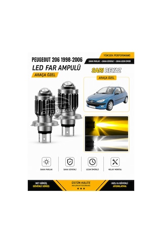 Peugeot 206 1998-2006 H4 Led Far Ampulü Sarı-beyaz Işık Canbus Mini Lensli 2'li Set