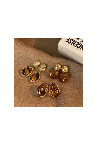 Electra Model 3'lü Set Amber Taş Görünümlü Vintage Gold Küpe Kombini Çok Renkli